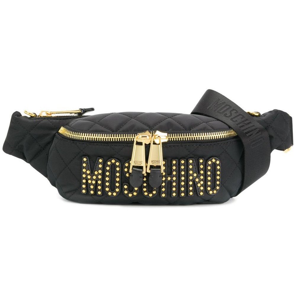 MOSCHINO GOLD STUDDED LOGO BELT BAG